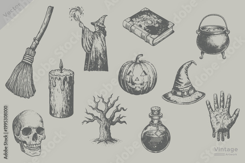 Foto Halloween elements set collection illustration spell book, witch hat, cauldron,