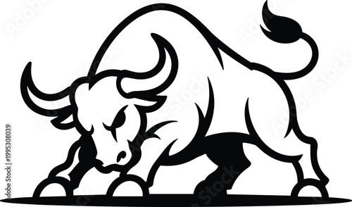 Powerful angry charging bull silhouette, aggressive male cow mascot, wild animal muscular standing pose, isolated on white