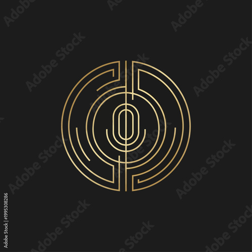 Golden Circular Maze with Central O Letter on Dark Background.