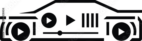 Sleek automotive outline icon featuring multimedia video player controls for modern vehicle infotainment system user interfaces
