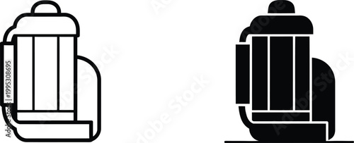 Travel rucksack and hiking backpack icons showing outdoor equipment for camping trips and mountain climbing adventures