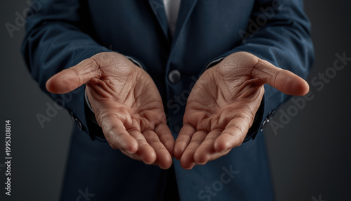 Open palms in navy suit offering help and connection with gentle emotion