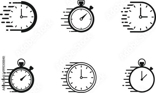 Fast time clock icons set with speed motion stopwatch minimal outline vector collection deadline concept design
