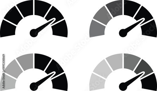 Four speedometer icons showing various levels of speed performance for measuring progress and data analysis tasks