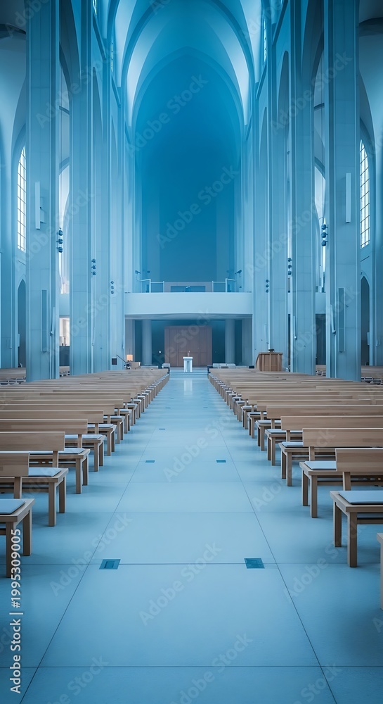 Fototapeta premium Interior view of a modern minimalist church with rows of wooden pews and a bright blue toned atmosphere creating a sense of peace and serenity