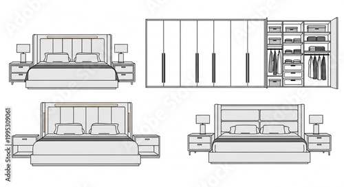 Bedroom Furniture CAD Elevation Set – Bed with Nightstands and Wardrobe Storage System Detailed Interior Vector Blocks