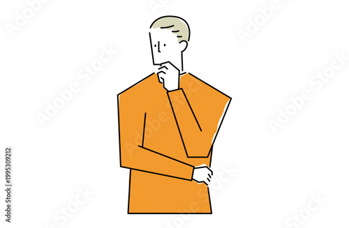 顎に手を当てて思案する男性の線画イラスト
