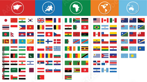 A comprehensive collection of national flags from various countries, neatly organized under continental world map icons.