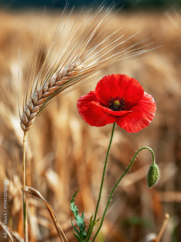 Fototapeta premium : Red Poppy Flower with Wheat Ears in Golden Field. AI generative.