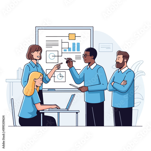 A group of coworkers discuss a presentation