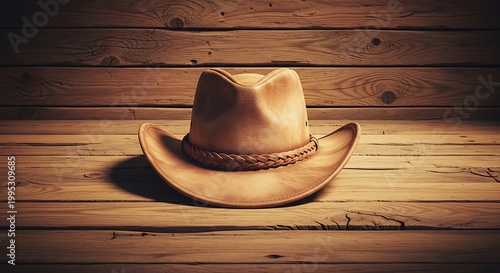 Brown Leather Cowboy Hat with Braided Band on Wooden Surface