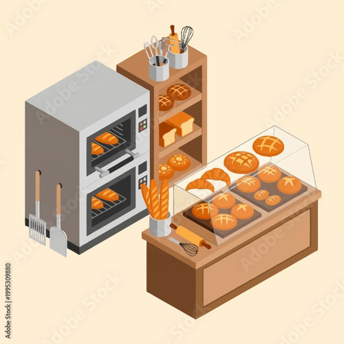 Isometric illustration of bakery kitchen with oven and pastries on display.