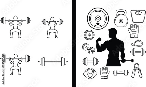 Fitness gym icons set with weightlifting equipment bodybuilding minimal outline vector collection workout strength training design