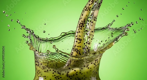 Fresh kiwi fruit juice pouring into a glass with refreshing dynamic liquid splash isolated on a green background