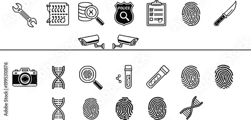 Forensic investigation icons set with fingerprint dna police evidence tools minimal outline vector collection crime analysis design