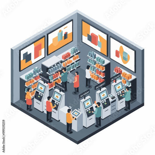 People working at self-service checkouts in a supermarket.