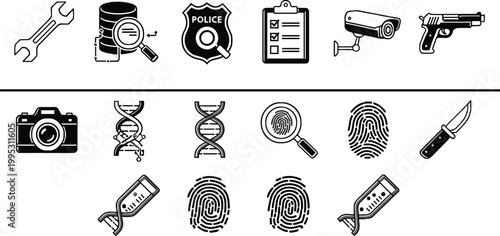 Forensic investigation icons set with fingerprint dna police tools minimal outline vector collection crime analysis design