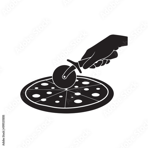 Pizza Slicing Process Silhouette Vector Icon on White Background
