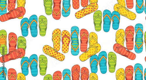 Colorful flip flops in various patterns on white background for summer vacation and leisure