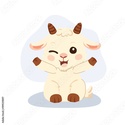a kawaii style goat character with a friendly expression. smiling and winking