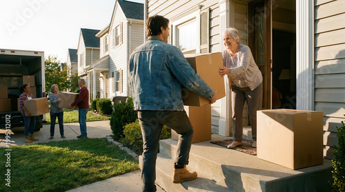 Family and friends helping to move boxes into a new house, symbolizing relocation and community support.