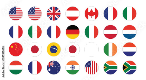 A collection of circular national flags from various countries representing global diversity and international relations.