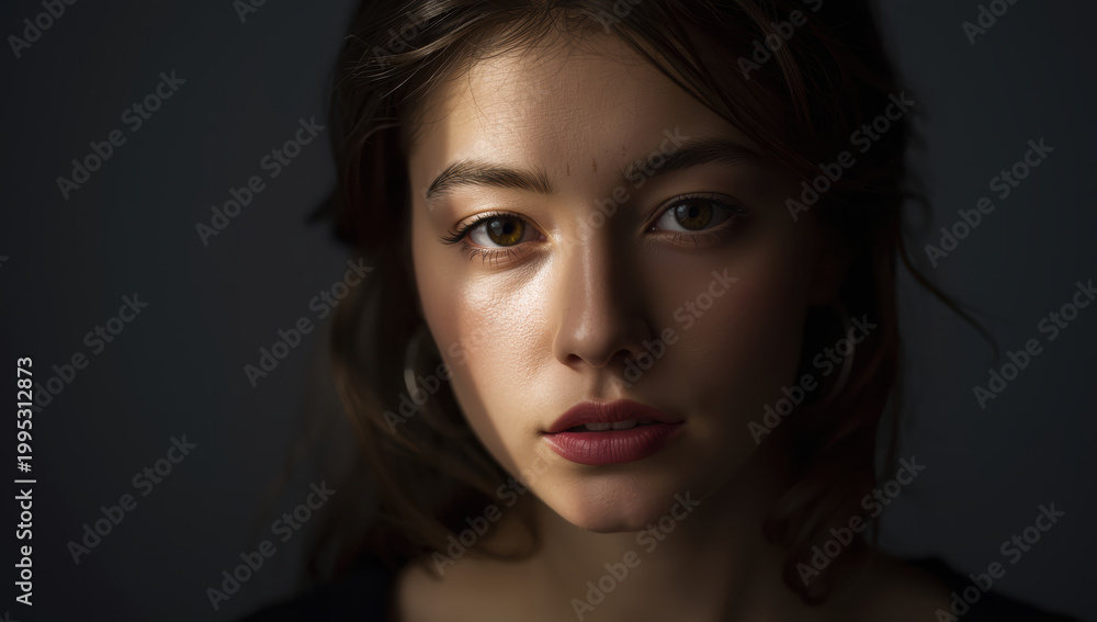 Fototapeta premium Young woman portrait with soft directional key light highlighting skin and contemplative