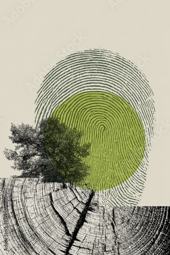 Minimalist design with two tree rings on sides and a large muted green fingerprint in the center, symbolizing unique brand identity and lasting impression on white or light gray background.