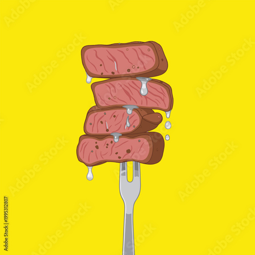 Stack of medium-rare grilled beef steak slices on a fork with dripping oil or juice, isolated on a yellow background. Flat vector food illustration.