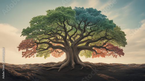 Large tree with multicolored leaves symbolizing trust, reliability, and security