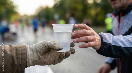 Runner receiving a cup of water during a marathon race for hydration and refreshment.