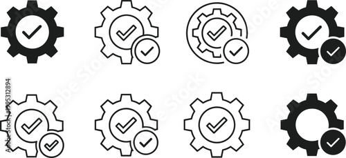 Gear check icons set representing settings approval process quality assurance validation minimal outline vector collection design