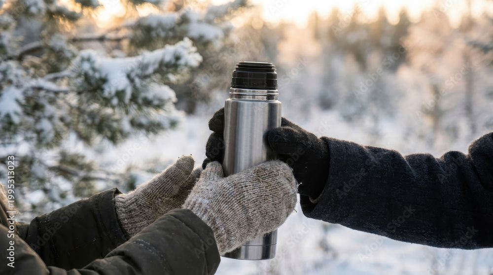 Fototapeta premium Two people sharing a hot drink from a thermos in a snowy winter forest landscape.