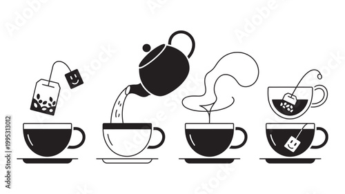 Hot tea brewing process sequence, teabag steeping and serving steps, preparation to pouring tea workflow illustration, clean instructional vector design.
