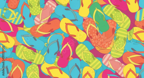 Vibrant colorful flip flops pattern summer footwear background with tropical vibes and beachy feel