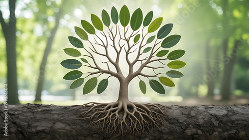 Artificial tree with roots on log emphasizing clean environment and eco-friendly concepts