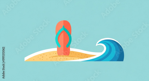 Vibrant flip flop on sandy beach with turquoise wave summer vacation and relaxation concept