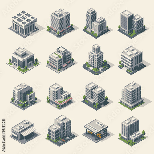 Isometric collection of various modern office buildings and architectural structures with green spaces.