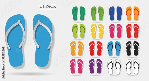 Vibrant flip flops in various colors and styles on white background for summer and beach activities