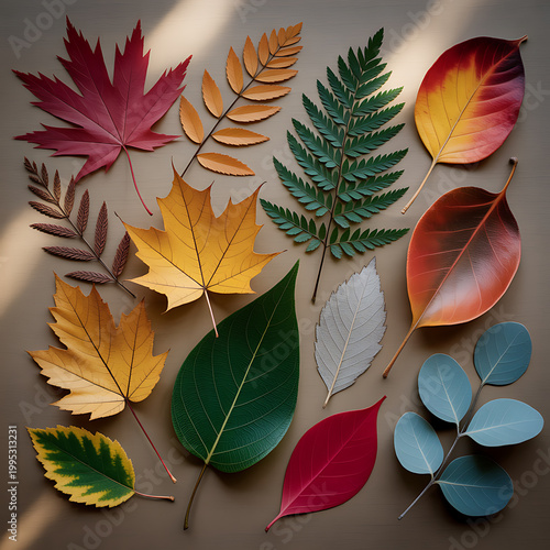 Diverse autumn leaves on surface symbolizing peace, mindfulness, and relaxation