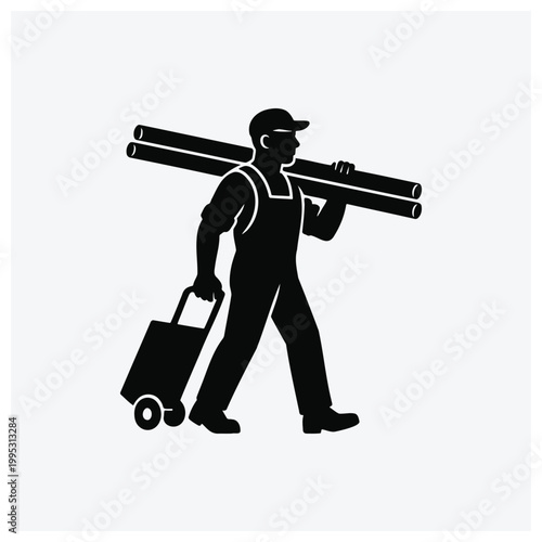 Silhouette of a porter carrying luggage and two pipes.