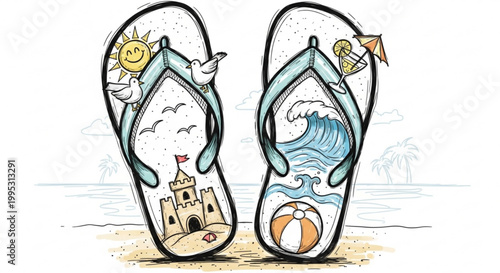 Colorful beach flip flops with summer vacation icons on a sandy shore