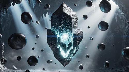 Futuristic dark spheres float inside a mysterious cave with glowing light