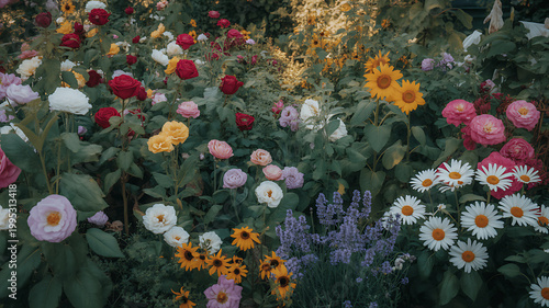 Colorful garden with diverse flowers emphasizing precision, focus, and dedication