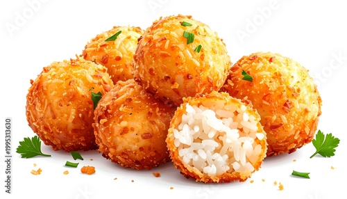 Close-up of six golden-fried, cheese-crusted, rice balls