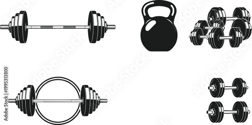 Gym fitness equipment icons set with dumbbells barbell kettlebell strength training minimal vector collection workout design