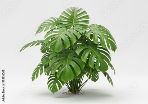 Lush green monstera plant in white pot isolated on white background