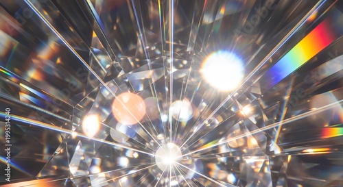Sparkling Diamond Macro View: Radiant Light Rays and Rainbow Refractions