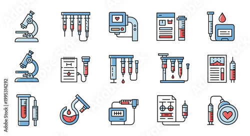 Detailed set of medical laboratory icons for blood analysis research and health monitoring diagnostics in hospitals.