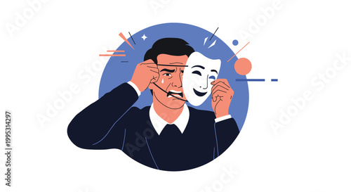Man removing a happy theater mask to reveal a sad and crying face underneath for emotional and psychological themes.